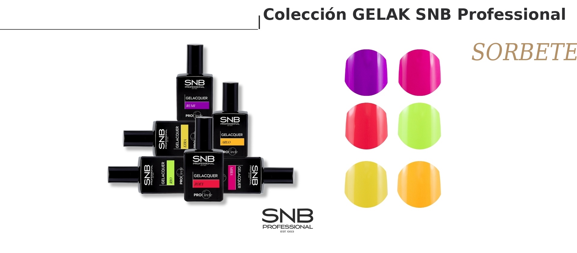 Banner colección Gel Polish SNB Sorbet en tonos pastel de verano para manicura profesional